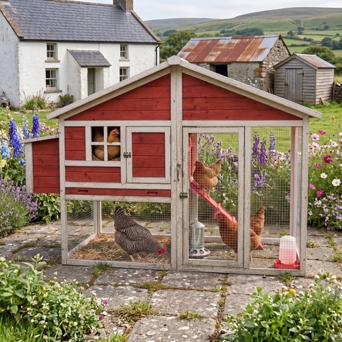 Wooden chicken coop with - chicken,